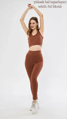 Yüksek Bel Fitilli Croplu Biker Şortlu Takım - Kahve
