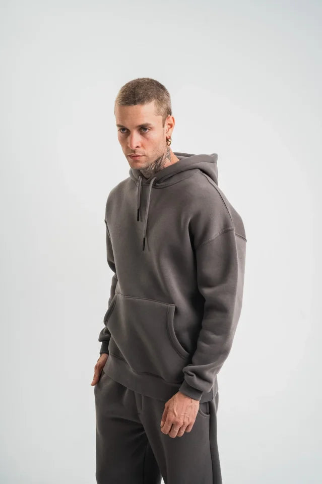 Unisex Double Oversize Kapşonlu Basic SweatShirt - Füme