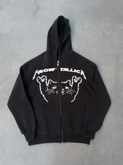 Kışlık Baskılı Fermuarlı Kapüşonlu Hırka - Siyah