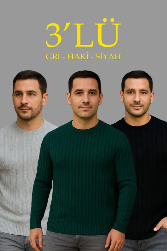 Erkek Fitilli Triko Kazak 3lü Set Gri Haki Siyah Regular Fit Bisiklet Yaka Triko Seti Modeli Kazak