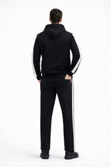 Erkek Şeritli Eşofman Takım Kapüşonlu Sweatshirt Boru Paça Alt, Oversize 3 Iplik Pamuklu - Siyah