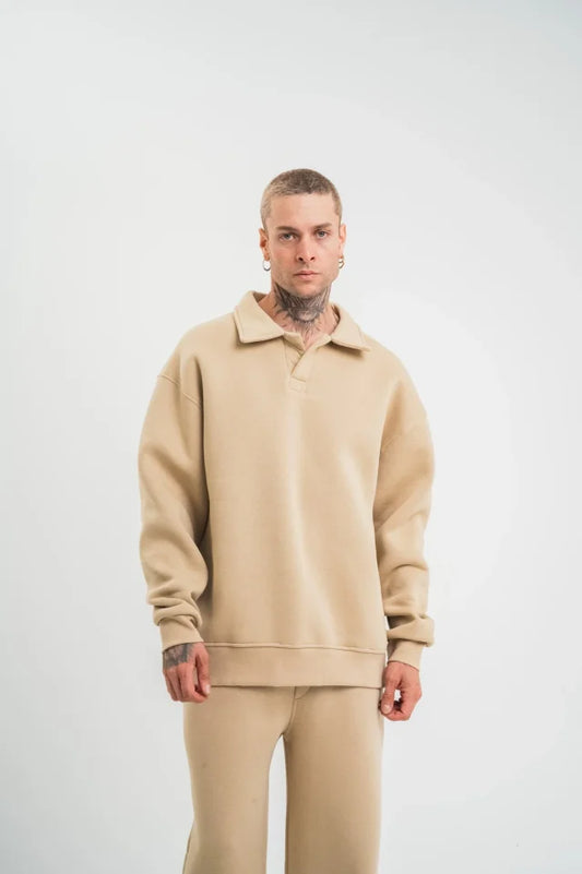 Erkek Patlı Yaka Üç İplik Pamuklu Sweatshirt Double Oversize Rahat Kalıp Günlük Kullanım – Bej