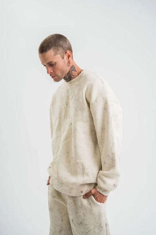 Erkek 3 İplik Pamuklu Yağ Yıkamalı Sweatshirt Double Oversize Bisiklet Yaka Uzun Kol - Krem