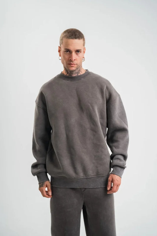 Erkek 3 İplik Pamuklu Yağ Yıkamalı Sweatshirt Double Oversize Bisiklet Yaka Uzun Kol - Füme