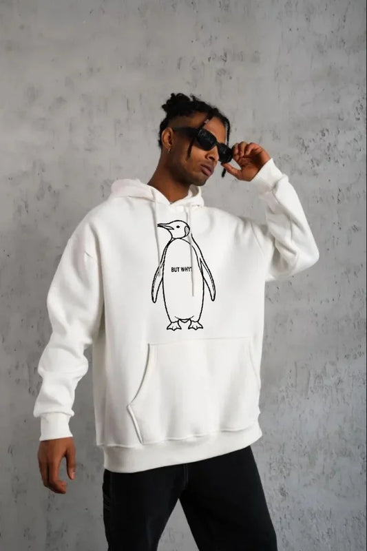 Erkek Nihilist Penguen Özel Tasarım Oversize Kapüşonlu Sweatshirt - Beyaz