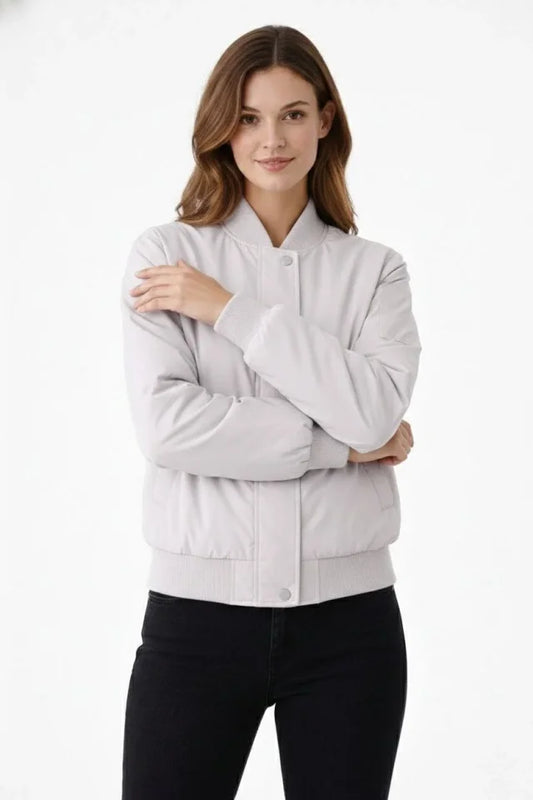 Premium Bomber Ceket Çıtçıt Kapamalı, Ribana Manşetli, Astarlı, Regular Fit Mont - Beyaz