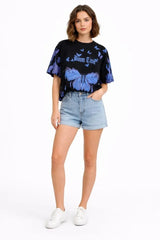 Asit Yıkamalı Oversize Tişört Mavi Kelebek Baskılı Dijital Print Bisiklet Yaka Streetwear T-Shirt - Siyah