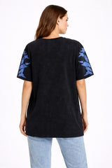 Asit Yıkamalı Oversize Tişört Mavi Kelebek Baskılı Dijital Print Bisiklet Yaka Streetwear T-Shirt - Siyah