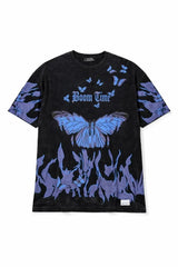 Asit Yıkamalı Oversize Tişört Mavi Kelebek Baskılı Dijital Print Bisiklet Yaka Streetwear T-Shirt - Siyah