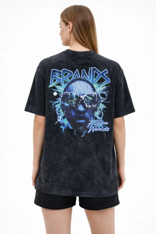 Asit Yıkamalı Oversize Tişört Future Worlds Baskılı Bisiklet Yaka Kısa Kollu Streetwear %100 Pamuk Street Style T-Shirt - Siyah