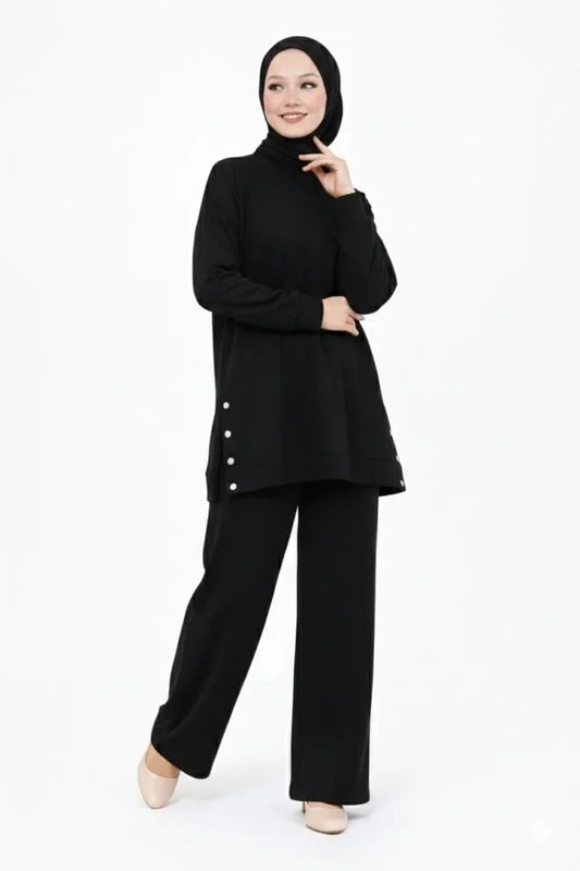Osy Modal Yumuşak Dokulu Kumaş Modern Tesettür Takım Yandan Metal Çıtçıtlı Uzun Tunik Pantolon Set Salaş Kalıp - Siyah