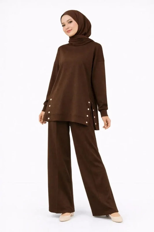 Osy Modal Yumuşak Dokulu Kumaş Modern Tesettür Takım Yandan Metal Çıtçıtlı Uzun Tunik Pantolon Set Salaş Kalıp - Kahverengi