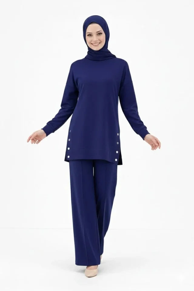Osy Modal Yumuşak Dokulu Kumaş Modern Tesettür Takım Yandan Metal Çıtçıtlı Uzun Tunik Pantolon Set Salaş Kalıp - Lacivert