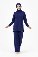 Osy Modal Yumuşak Dokulu Kumaş Modern Tesettür Takım Yandan Metal Çıtçıtlı Uzun Tunik Pantolon Set Salaş Kalıp - Lacivert