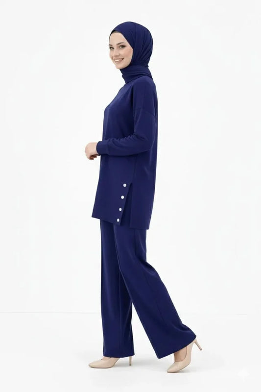 Osy Modal Yumuşak Dokulu Kumaş Modern Tesettür Takım Yandan Metal Çıtçıtlı Uzun Tunik Pantolon Set Salaş Kalıp - Lacivert