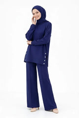 Osy Modal Yumuşak Dokulu Kumaş Modern Tesettür Takım Yandan Metal Çıtçıtlı Uzun Tunik Pantolon Set Salaş Kalıp - Lacivert