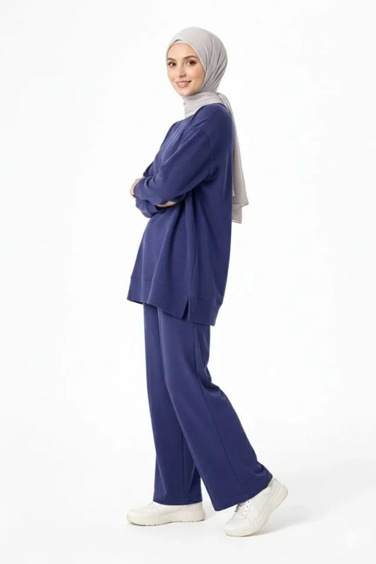 Osy Modal Yumuşak Dokulu Tesettür İkili Takım Yan Yırtmaçlı Uzun Tunik Ve Düz Paça Pantolon, Salaş Kalıp - Lacivert