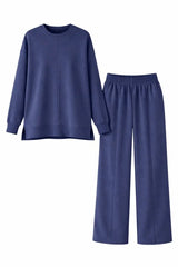 Osy Modal Yumuşak Dokulu Tesettür İkili Takım Yan Yırtmaçlı Uzun Tunik Ve Düz Paça Pantolon, Salaş Kalıp - Lacivert