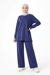 Osy Modal Yumuşak Dokulu Tesettür İkili Takım Yan Yırtmaçlı Uzun Tunik Ve Düz Paça Pantolon, Salaş Kalıp - Lacivert