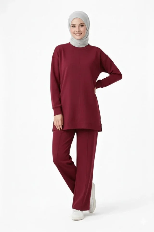 Osy Modal Yumuşak Dokulu Tesettür İkili Takım Yan Yırtmaçlı Uzun Tunik Ve Düz Paça Pantolon, Salaş Kalıp - Bordo