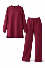 Osy Modal Yumuşak Dokulu Tesettür İkili Takım Yan Yırtmaçlı Uzun Tunik Ve Düz Paça Pantolon, Salaş Kalıp - Bordo