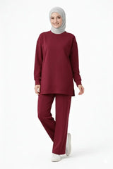 Osy Modal Yumuşak Dokulu Tesettür İkili Takım Yan Yırtmaçlı Uzun Tunik Ve Düz Paça Pantolon, Salaş Kalıp - Bordo