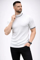 Erkek Fitilli Triko Dokuma Kısa Kol Tişört Yarım Boğaz Modern Yazlık T-Shirt - Beyaz