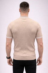 Erkek Fitilli Triko Dokuma Kısa Kol Tişört Yarım Boğaz Modern Yazlık T-Shirt - Bej