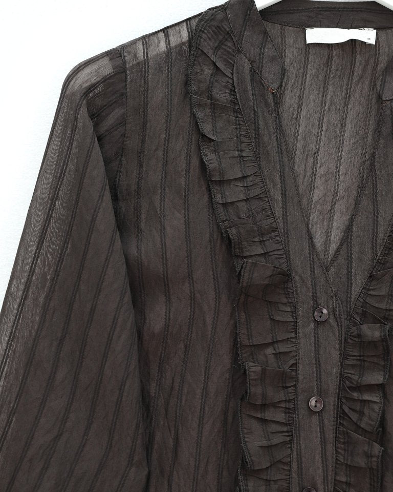 V Yaka Önü Fırfırlı Tensel Yari Transparan Buket Gömlek -K. Kahve