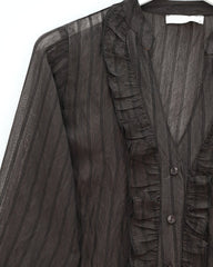 V Yaka Önü Fırfırlı Tensel Yari Transparan Buket Gömlek -K. Kahve