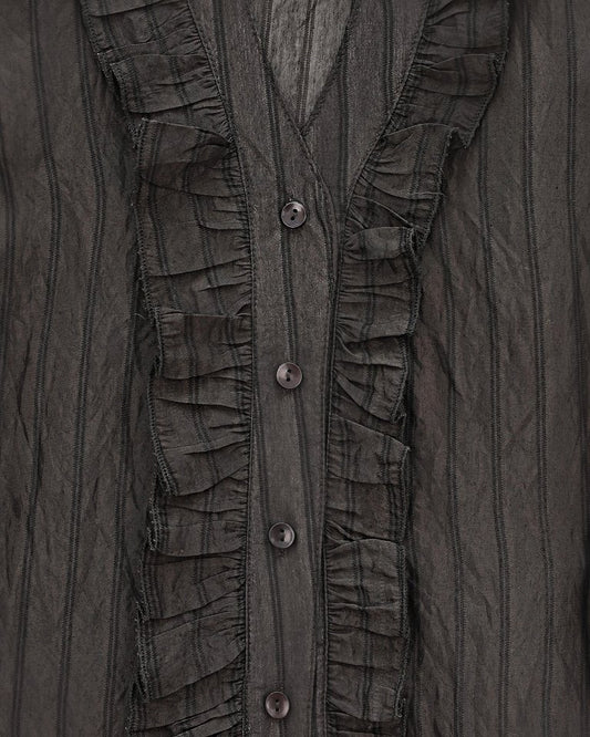 V Yaka Önü Fırfırlı Tensel Yari Transparan Buket Gömlek -K. Kahve