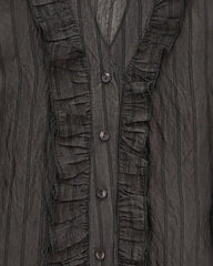 V Yaka Önü Fırfırlı Tensel Yari Transparan Buket Gömlek -K. Kahve