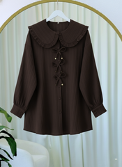 Önü Kurdele Detaylı Düğmeli Önlük Yaka Gömlek  -Kahve