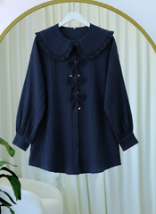 Önü Kurdele Detaylı Düğmeli Önlük Yaka Gömlek  -Kahve