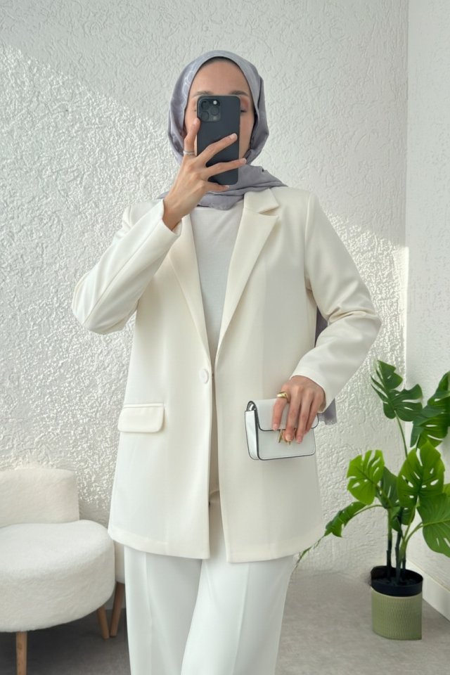Cepli Tek Düğmeli Likralı Ceket  -Krem