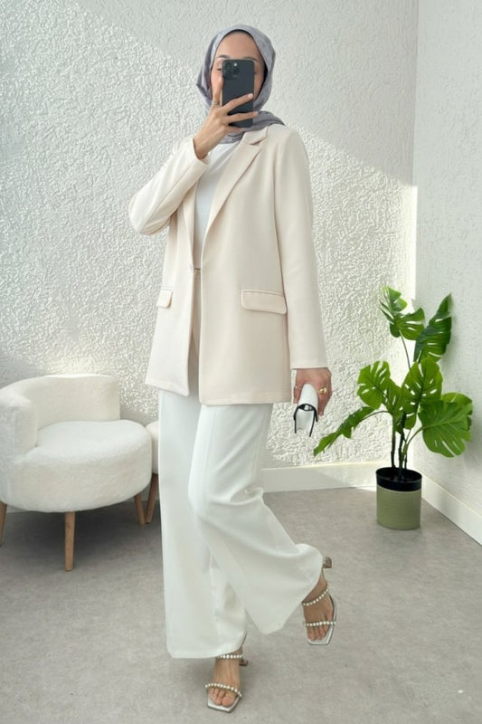 Cepli Tek Düğmeli Likralı Ceket  -Krem