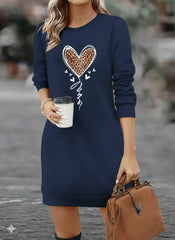 Kadın Uzun Kollu Bisiklet Yaka Kalp Desenli Kısa Viskon Elbise