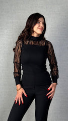 Kadın Uzun Kollu Bisiklet Yaka Kolları Tül Detay Kaşkorse Kumaş Bluz