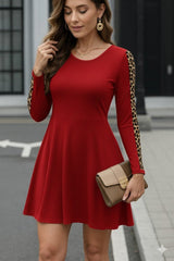 Kadın Uzun Kollu Bisiklet Yaka Kollar Leopar Detay Iki Iplik Mini Boy Elbise