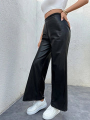 Kadın Yüksek Bel Beli Lastikli Geniş Paçalı Deri Pantolon