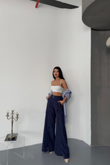 SALAŞ ÖNDEN YIRTMAÇ DETAYLI BEL KEMERLİ PANTOLON - Lacivert