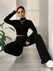 Kadın Uzun Kollu Balıkçı Yaka Krop Ve Pantolon şardonlu Kaşkorse Ikili Takım