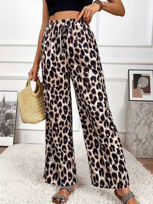 Kadın Yüksek Bel Beli Lastikli Bağcıklı Leopar Desenli Süprem Pantolon