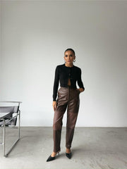 DERİ PANTOLON DİZ PARÇALI - Siyah