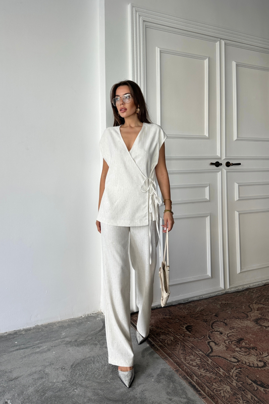 KETEN PULLU KRUVAZE BAĞLAMALI BLUZ - PANTOLON TAKIM - Ham