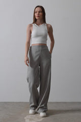 Beli Yarım Lastikli Palazzo Pantolon - Gri-Beyaz