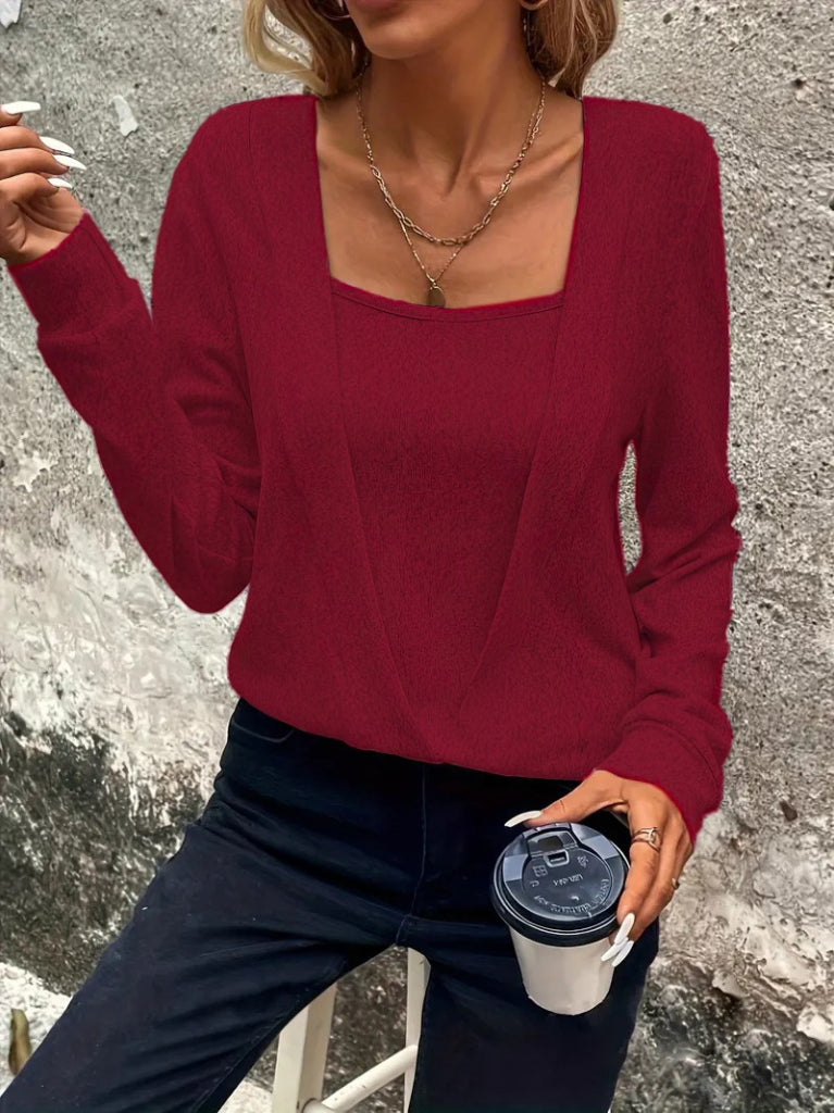 Kadın Uzun Kollu Kruvaze Yaka Kol Ve Etek Ucu Manşet Detay Yumoş Bluz