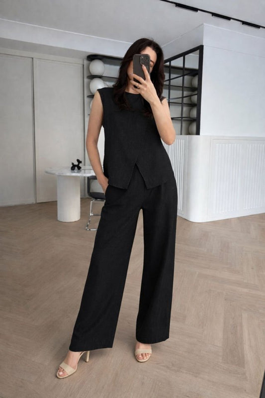 Kadın Keten Kumaş Asimetrik Kesim Bluz Ve Salaş Pantolon Ikili Takım