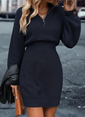 Kadın Uzun Kollu Yakası Fermuarlı Mini Triko Elbise