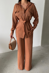 SİMLİ KUMAŞ SALAŞ PANTOLON - GÖMLEK TAKIM - Gri